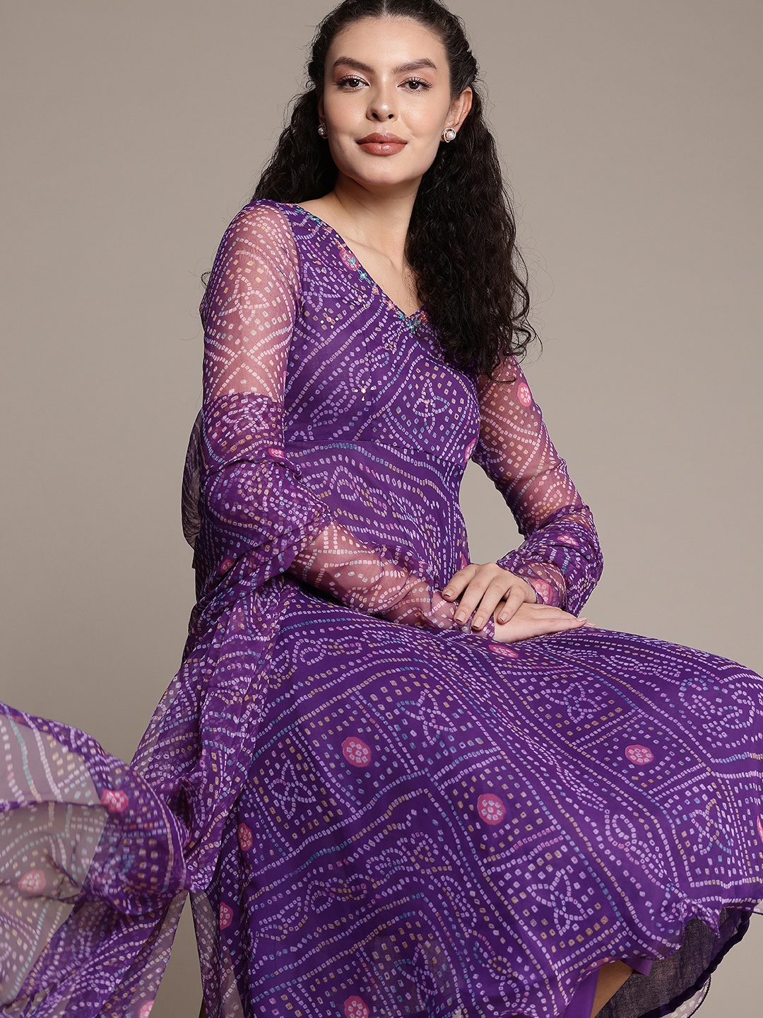 

Bahe Kurtiz Bandhani Printed Sequinned Chiffon Anarkali Kurta With Trousers & Dupatta, Purple