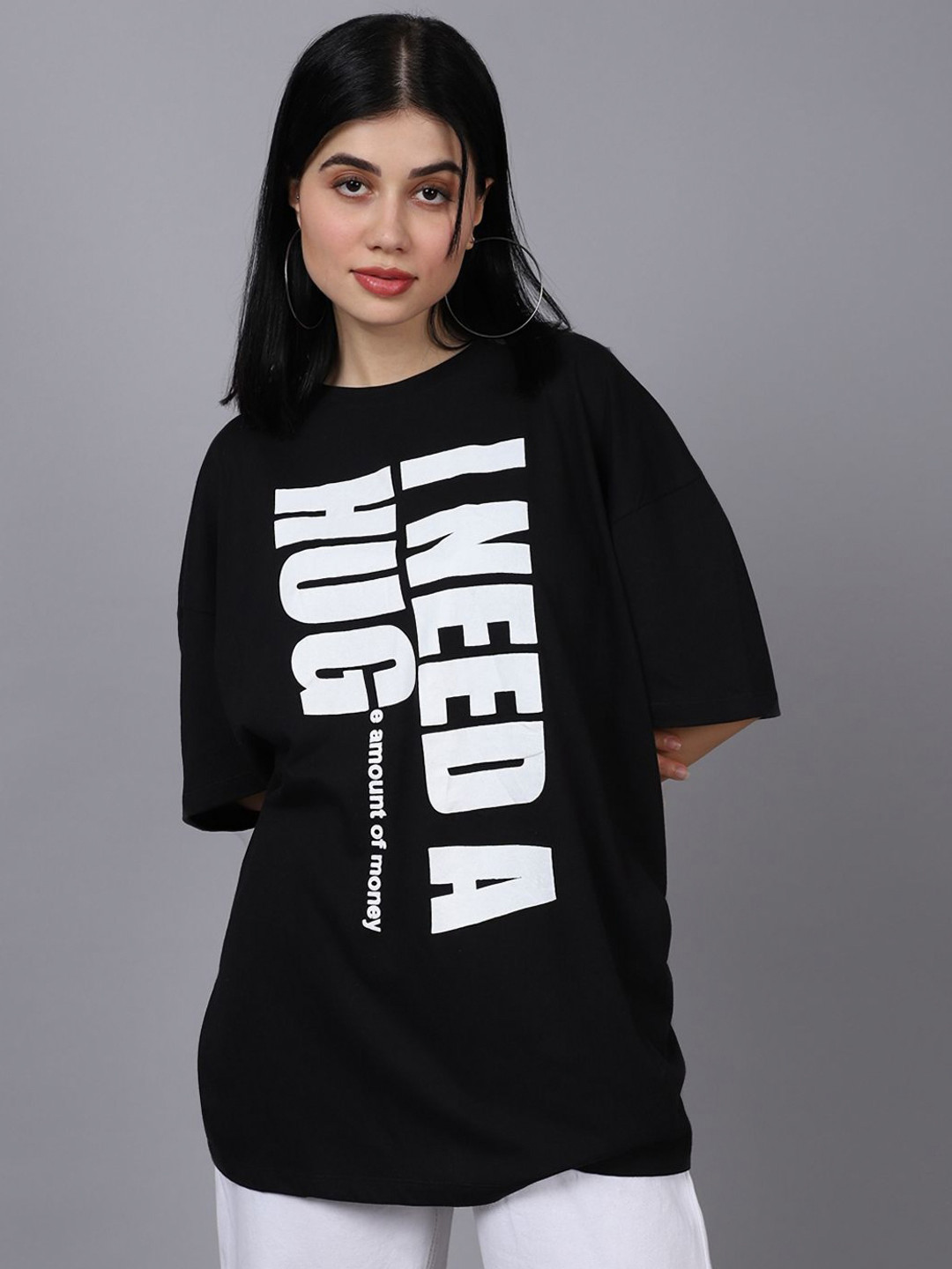 

DOOR74 Women Typography Printed Drop-Shoulder Sleeves T-shirt, Black