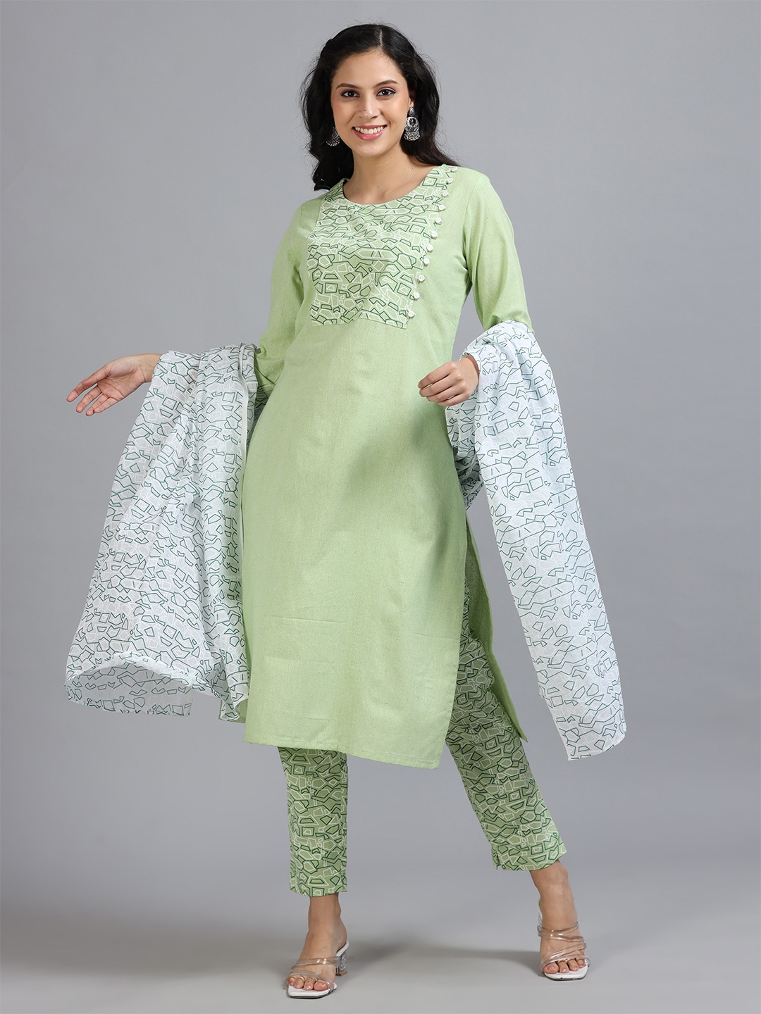 

Marcia Women Printed Regular Pure Cotton Kurta with Trousers & With Dupatta, Green