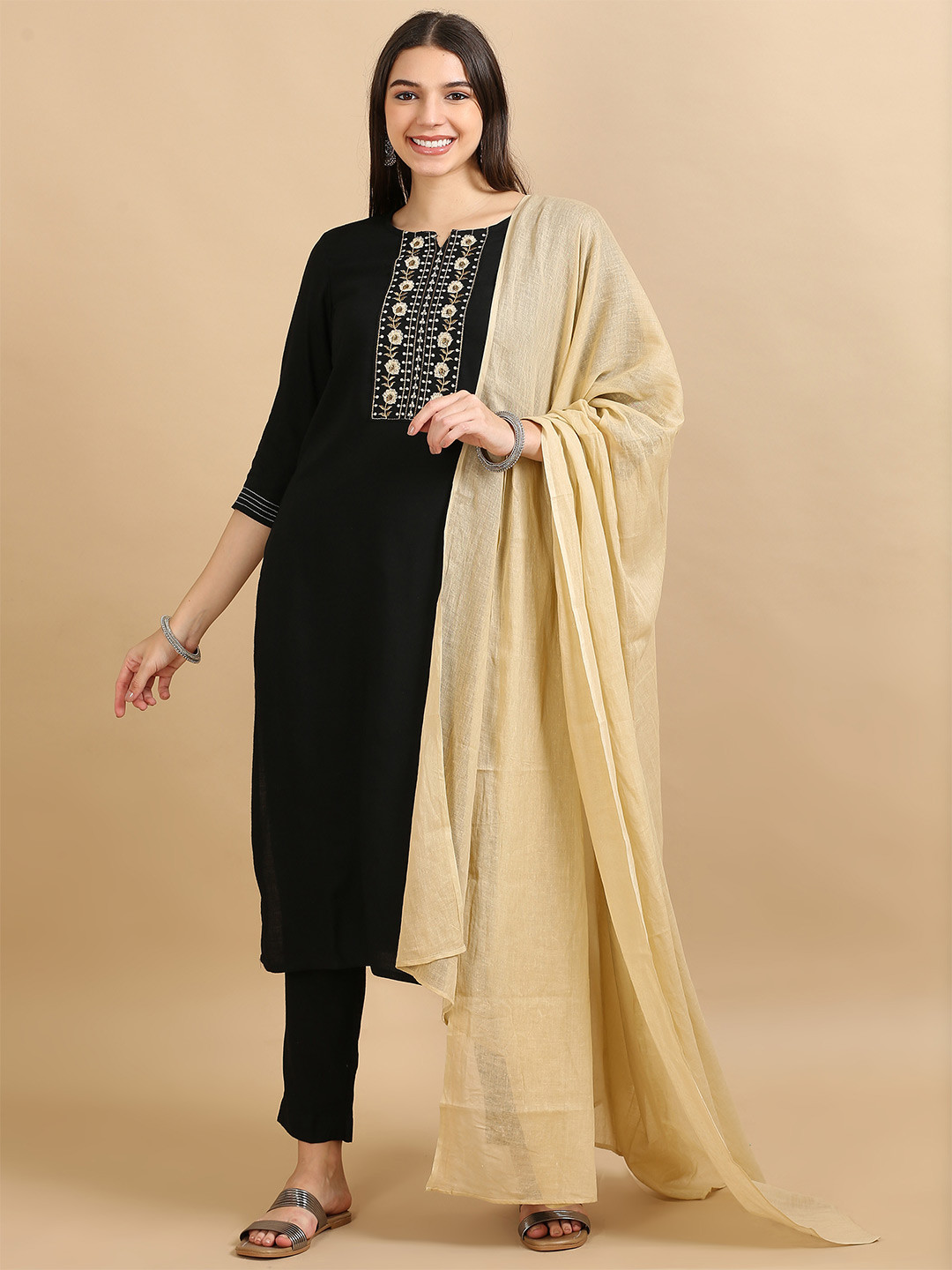 

Marcia Women Floral Embroidered Regular Thread Work Kurta with Trousers & With Dupatta, Black