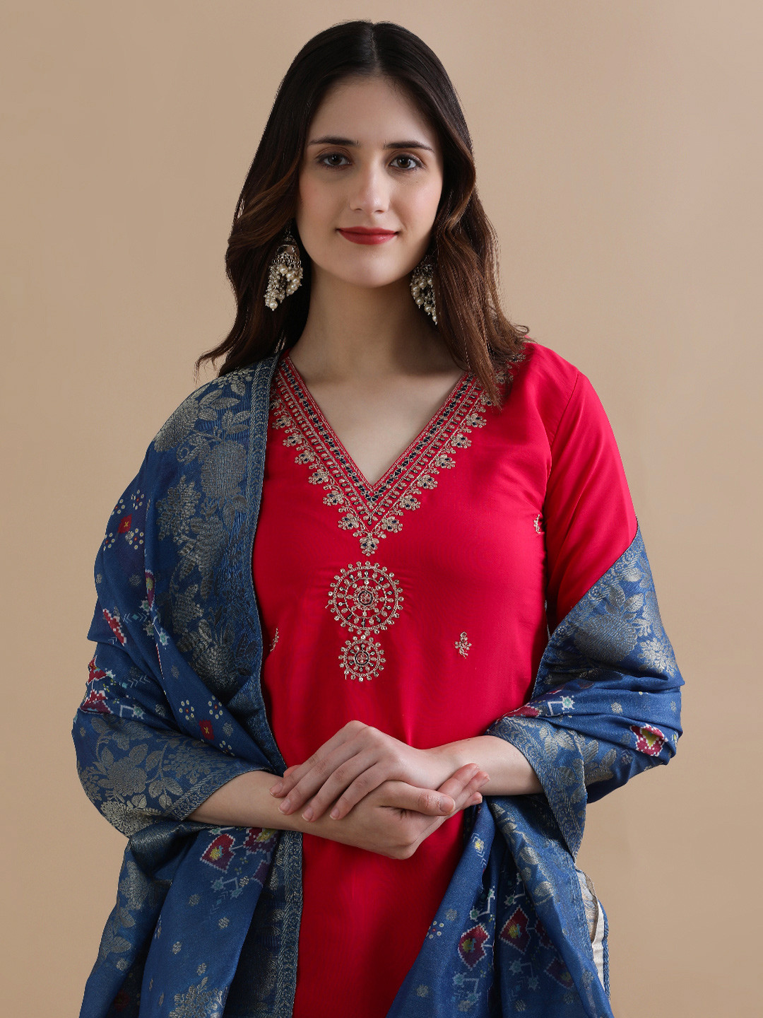 

Jaipur Kurti Women Ethnic Motifs Embroidered Regular Chanderi Cotton Kurta with Trousers & With Dupatta, Red