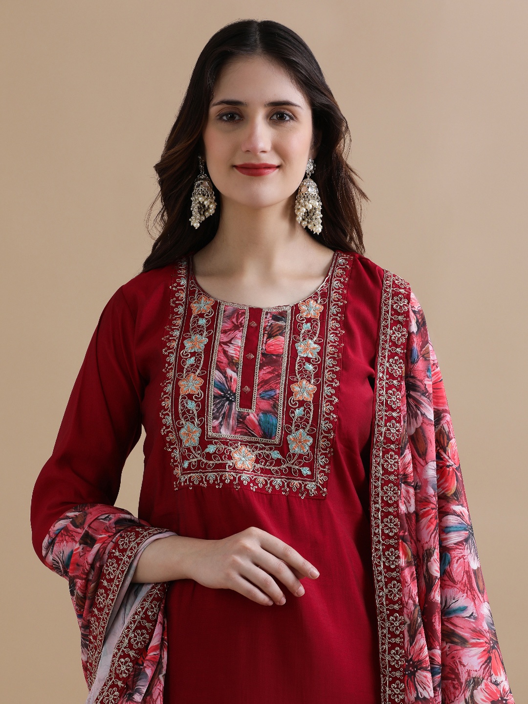 

Jaipur Kurti Women Ethnic Motifs Embroidered Regular Chanderi Cotton Kurta with Trousers & With Dupatta, Maroon