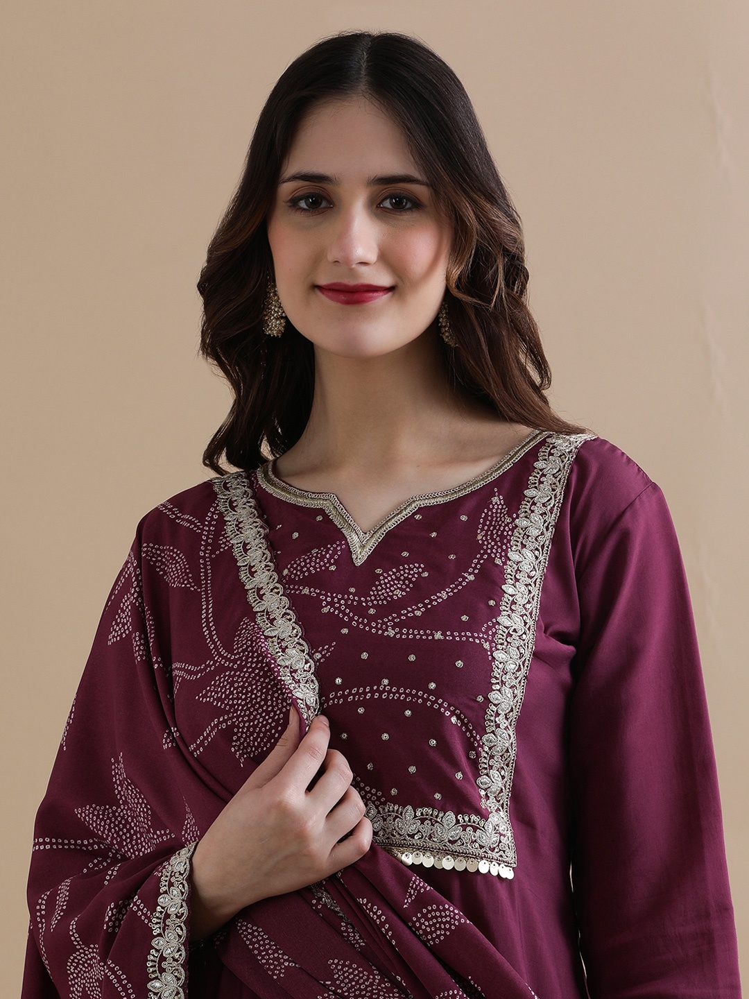 

Jaipur Kurti Women Ethnic Motifs Embroidered Regular Chanderi Cotton Kurta with Trousers & With Dupatta, Purple