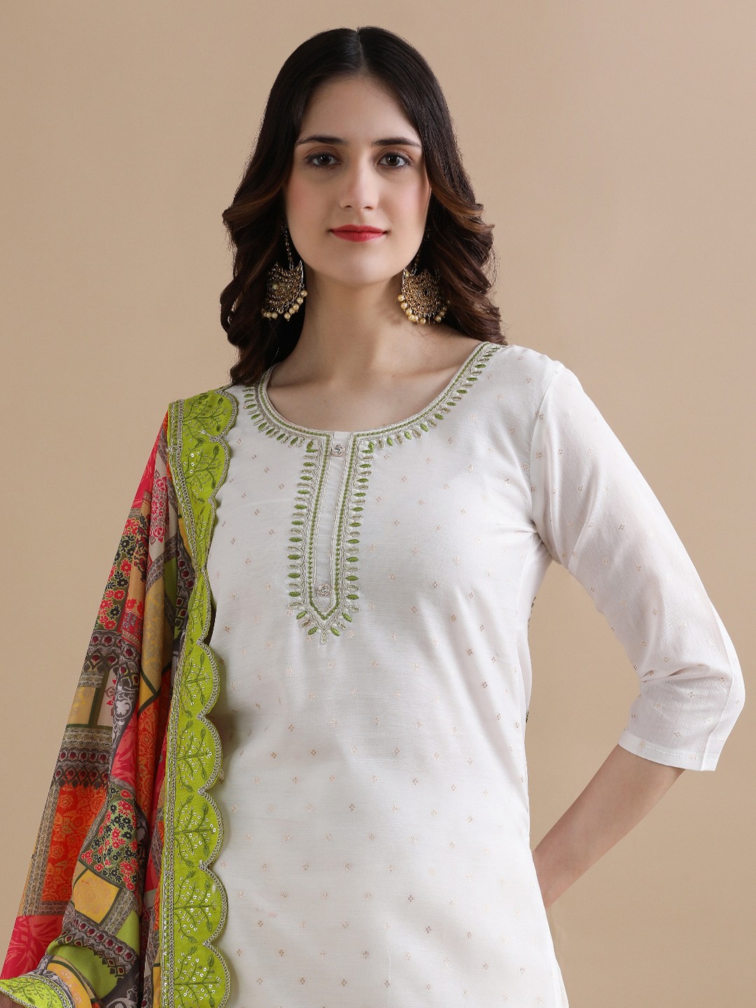 

Jaipur Kurti Women Ethnic Motifs Embroidered Regular Thread Work Kurta with Trousers & With Dupatta, Off white
