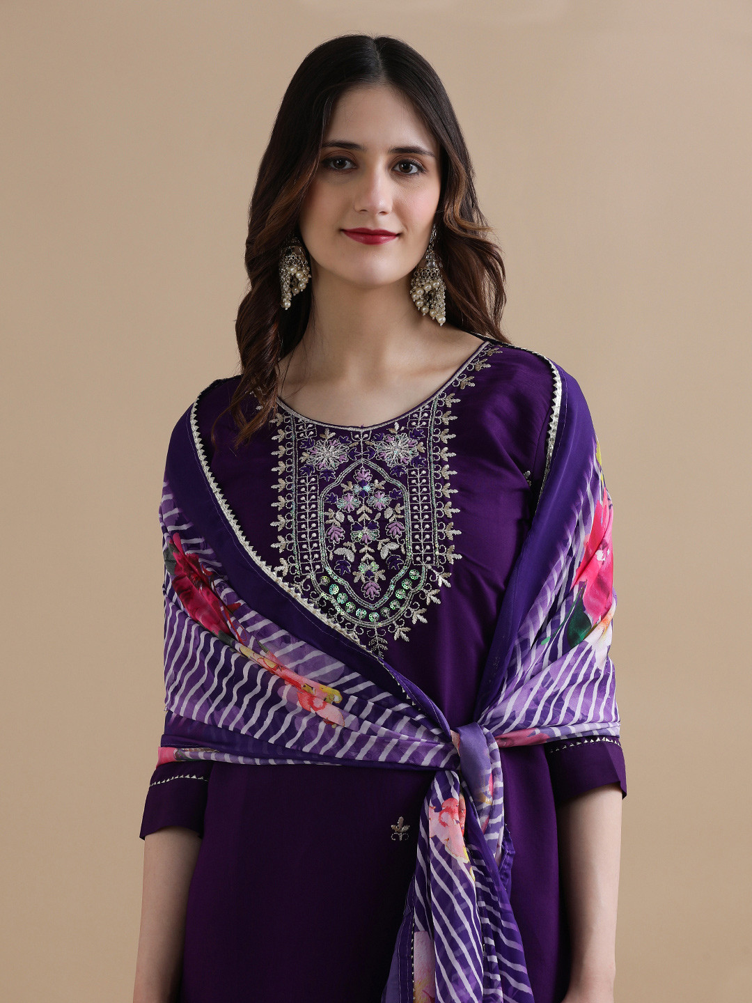 

Jaipur Kurti Women Ethnic Motifs Embroidered Regular Thread Work Chanderi Cotton Kurta with Trousers & With, Purple