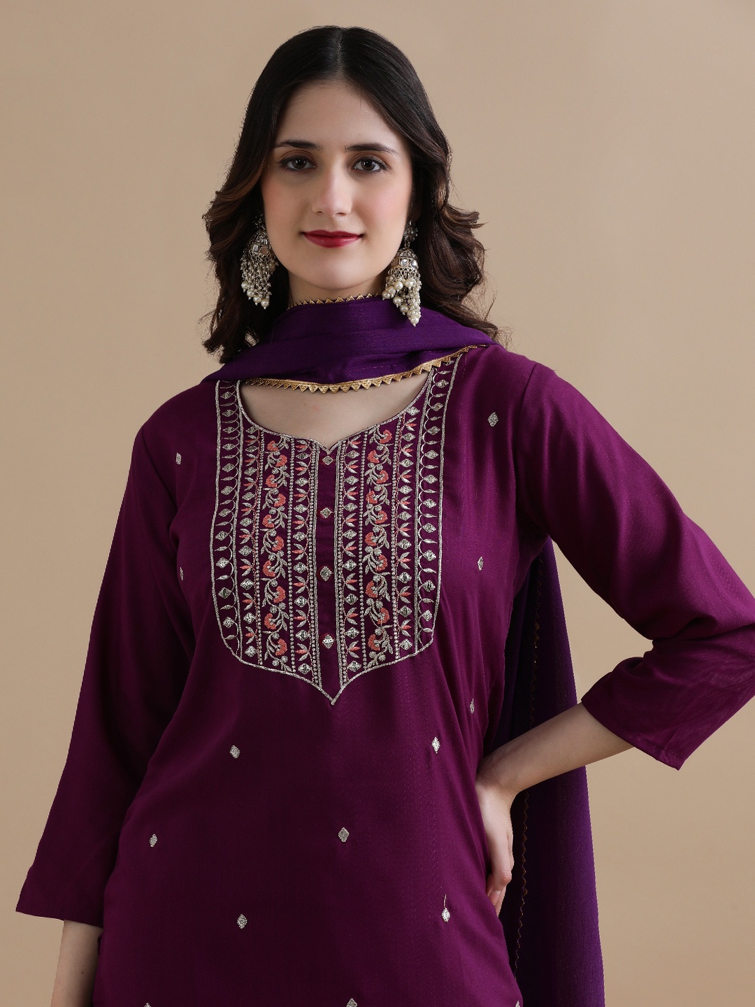 

Jaipur Kurti Women Ethnic Motifs Embroidered Regular Thread Work Kurta with Trousers & With Dupatta, Purple