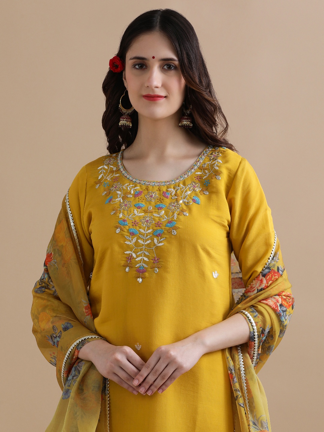 

Jaipur Kurti Women Ethnic Motifs Embroidered Regular Thread Work Chanderi Cotton Kurta with Trousers & With, Mustard
