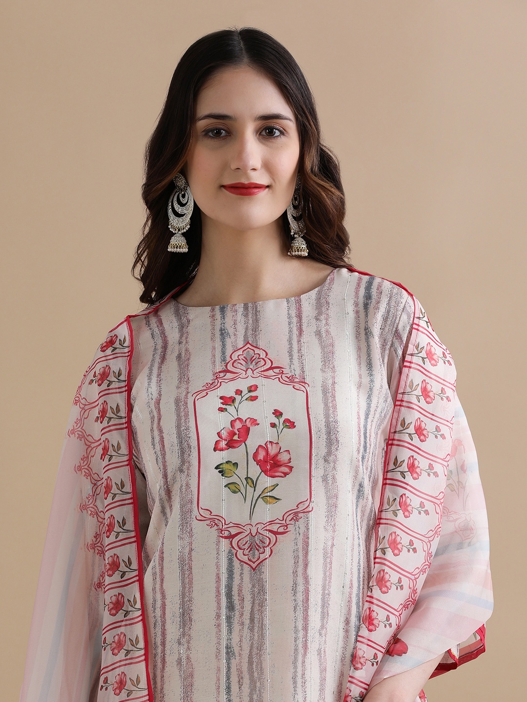 

Jaipur Kurti Women Ethnic Motifs Embroidered Regular Sequinned Kurta with Trousers & With Dupatta, Beige