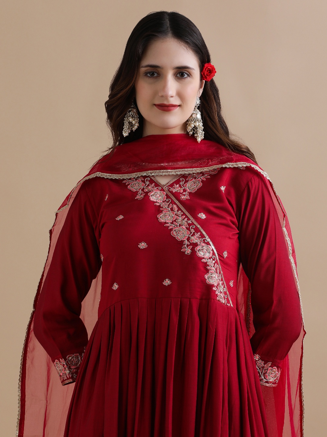 

Jaipur Kurti Women Ethnic Motifs Embroidered Angrakha Chanderi Cotton Kurta with Trousers & With Dupatta, Maroon