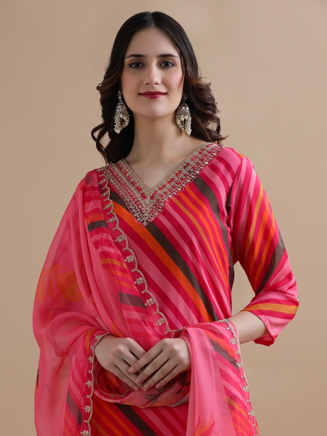 

Jaipur Kurti Women Leheriya Embroidered Regular Sequinned Kurta with Trousers & With Dupatta, Pink