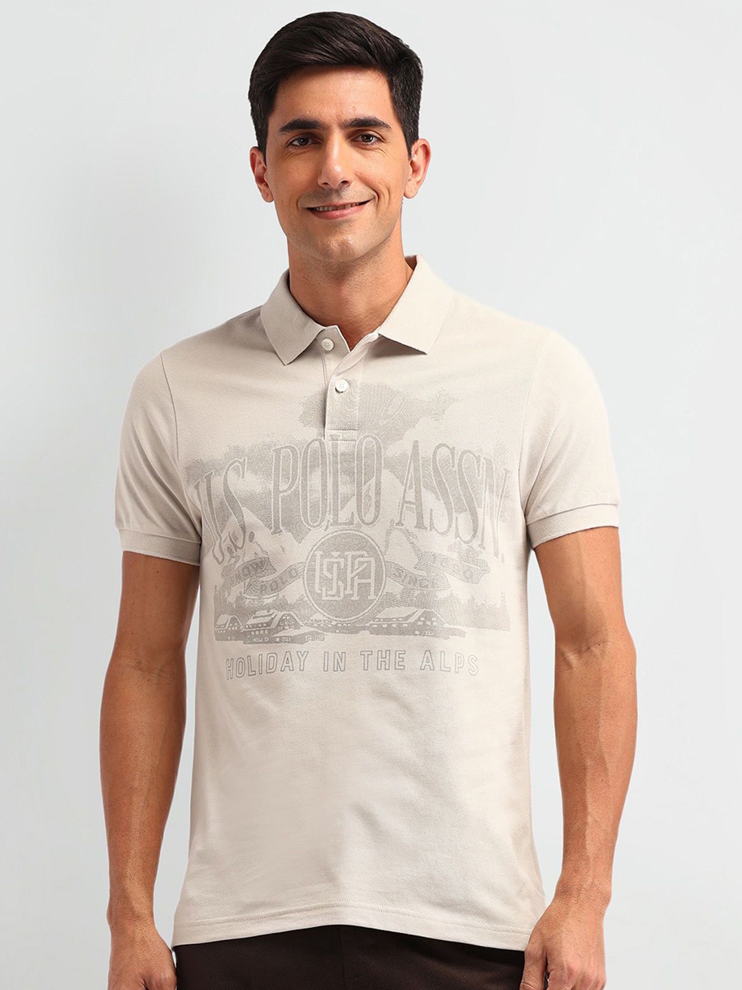 

U.S. Polo Assn. Denim Co. Men Graphic Printed Polo Collar Cotton Slim Fit T-shirt, Beige