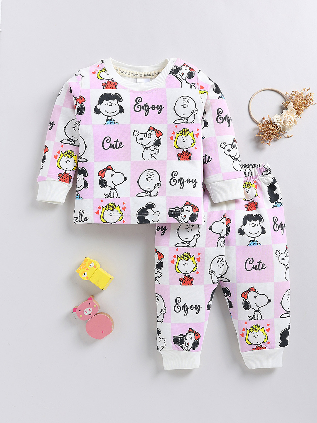 

YK X Tinyo Infants Girls Printed Pure Cotton T-shirt and Jogger, Mauve