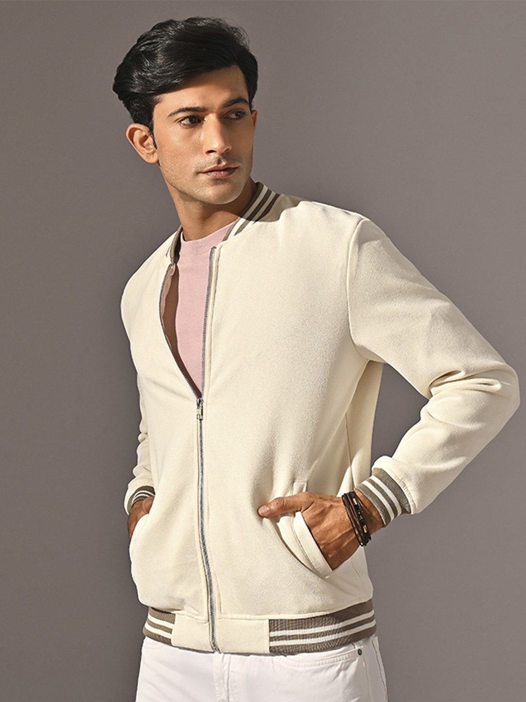

KINGDOM OF WHITE Men Suede Lightweight Bomber Jacket, Cream