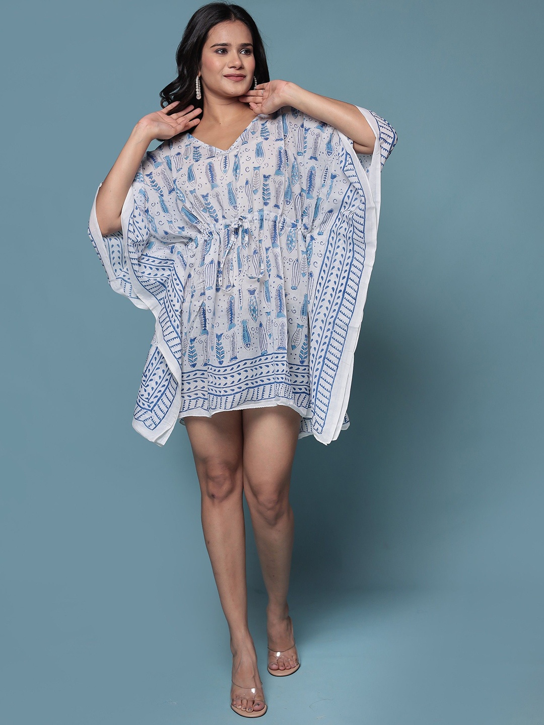 

Bohekant Ethnic Motifs Printed Kimono Sleeve Cotton Kaftan Dress, White