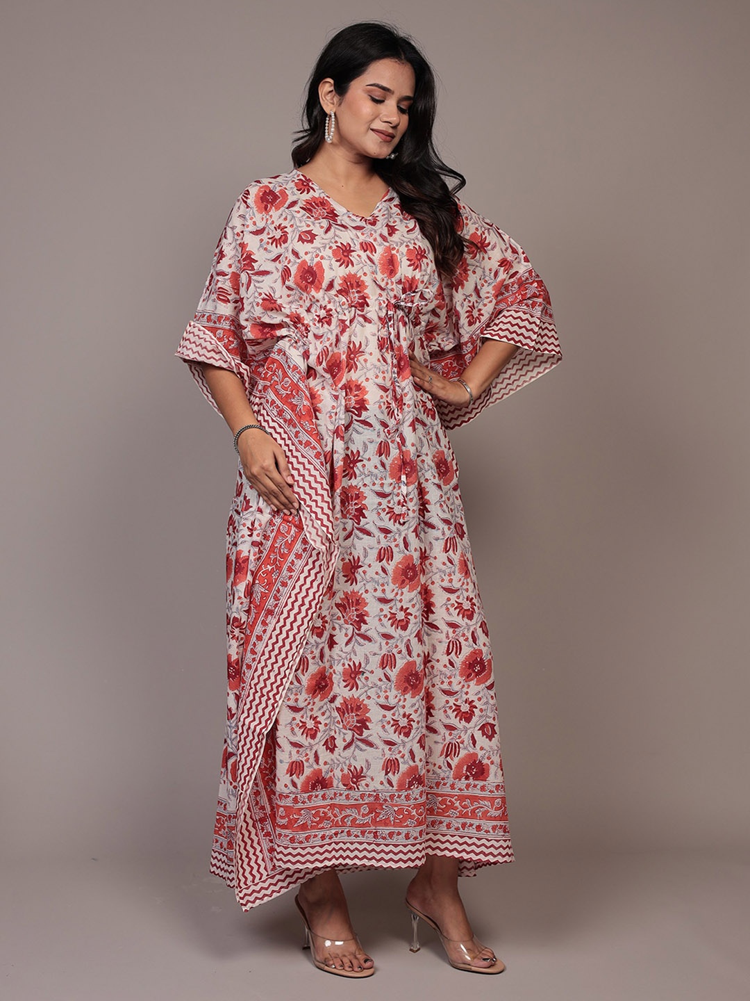 

Bohekant Women Printed Pure Cotton Kaftan Maxi Nightdress, White