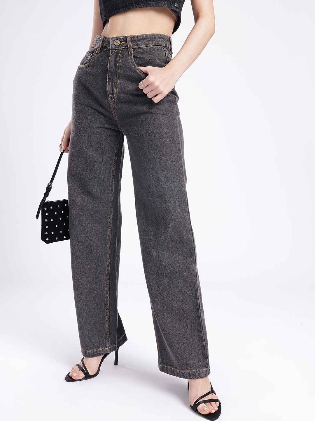 

glitchez Women Vintage Cool Wide Leg Light Fade Stretchable Jeans, Grey