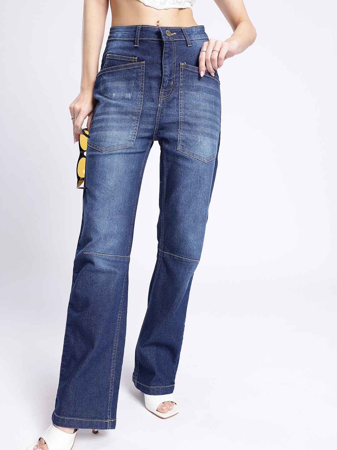

glitchez Women Edgy Vibe Straight Fit High-Rise Heavy Fade Jeans, Blue