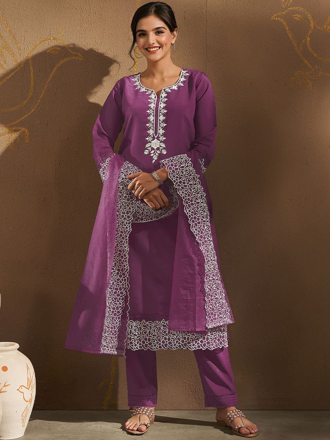 

Ishin Women Floral Embroidered Regular Kurta with Trousers & With Dupatta, Purple
