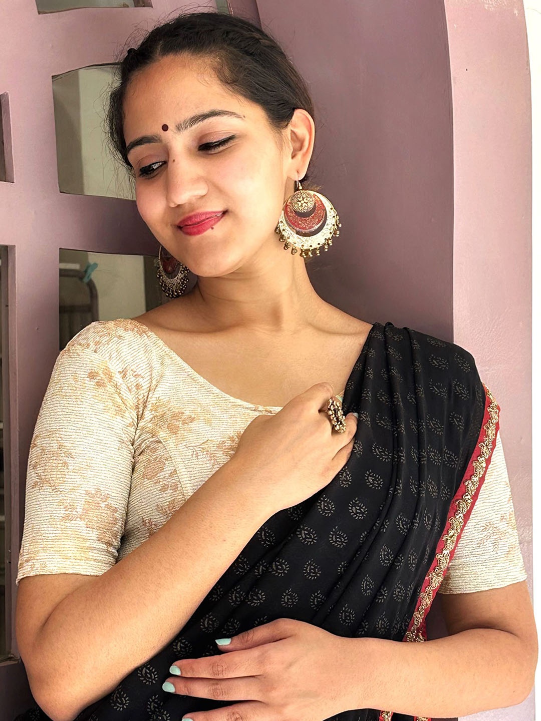 

Bindigasm's Advi Printed Stretchable Slip-On Saree Blouse, Gold