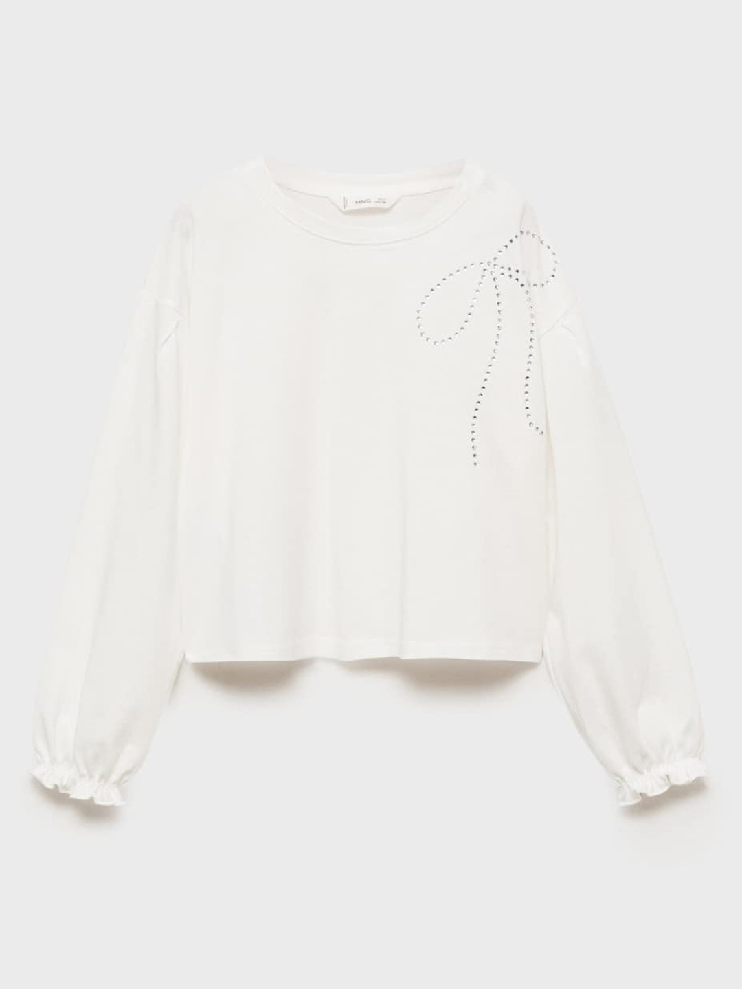 

Mango Kids Girls Drop-Shoulder Sleeves Pure Cotton T-shirt With Rhinestone Detail, Off white