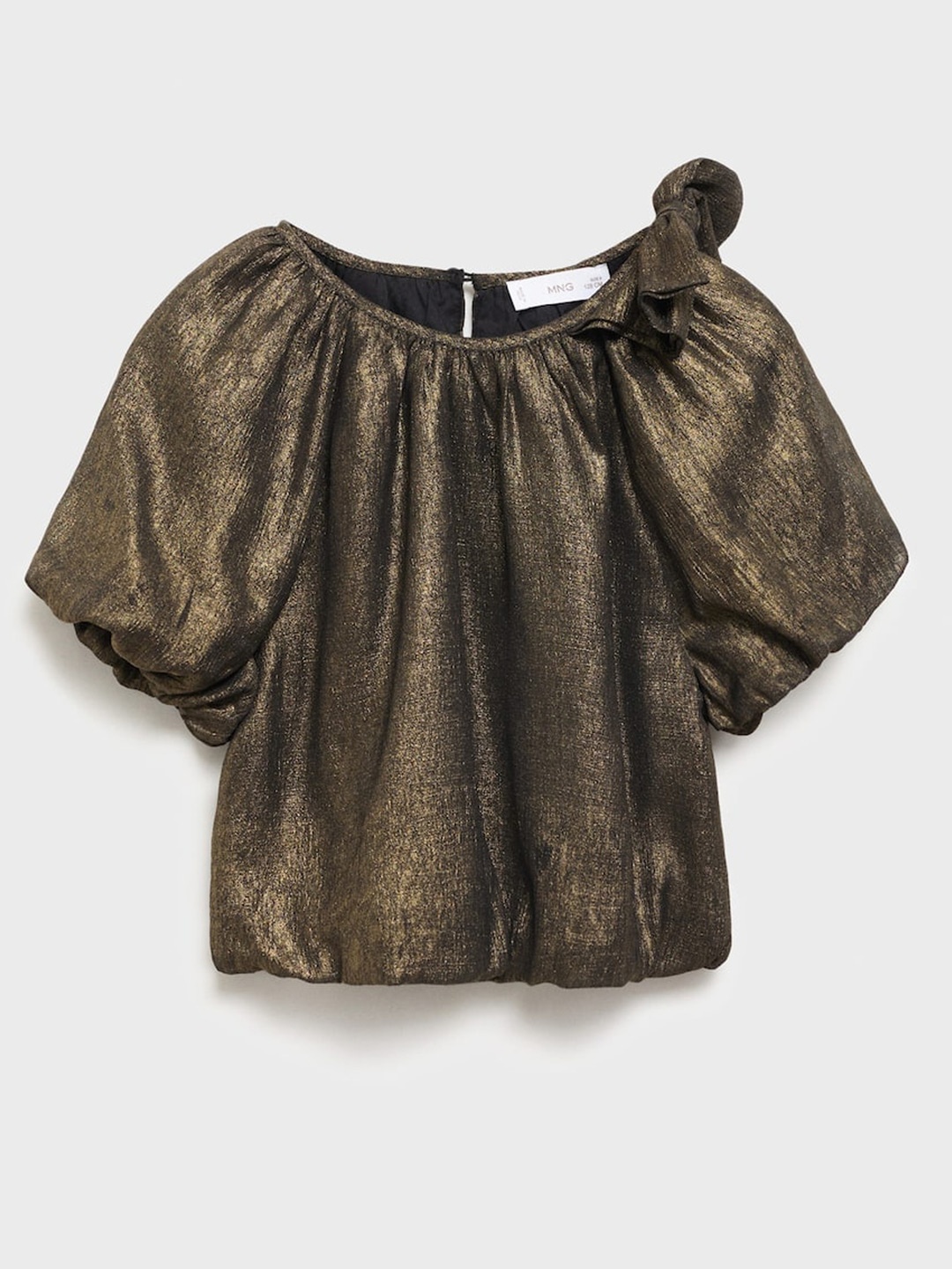 

Mango Kids Girls Puff Sleeves Sheen Top With Bow Detail, Gold