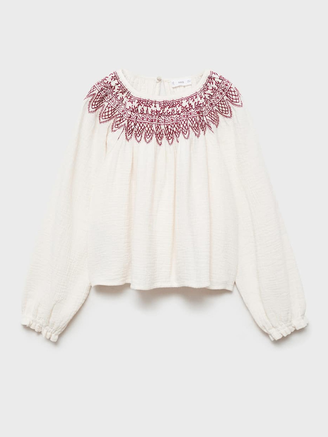 

Mango Kids Girls Embroidered Crinkled Puff Sleeves Pure Cotton Top, Off white