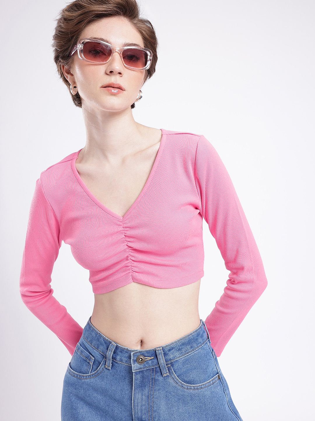 

glitchez Chic Vibe Slim Fit Gathers Ribbed Fitted Crop Top, Pink