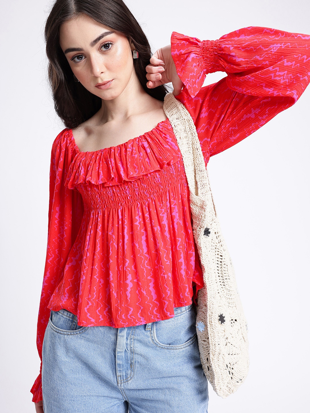 

glitchez Soft Glam Printed Bell Sleeves Ruffle Smocked Empire Top, Red