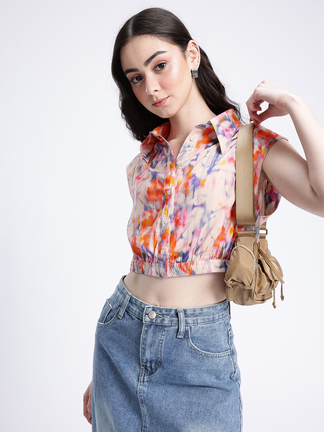 

glitchez Colorful Creations Shirt Style Crop Top, Multi