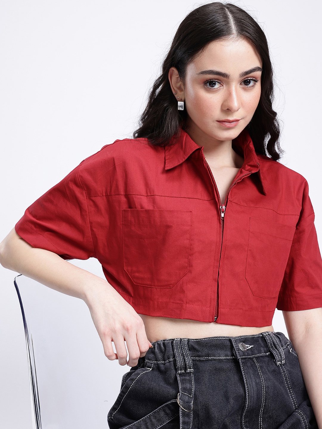 

glitchez Chic Perfection Boxy Crop Shirt, Red