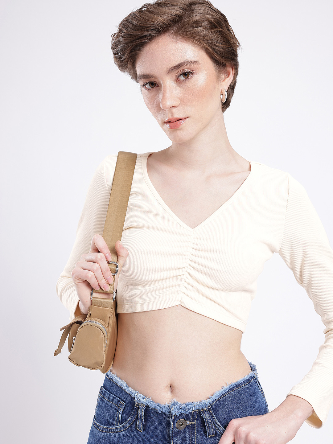

glitchez Cool Chic Slim Fit Gathers Ribbed Fitted Crop Top, Cream