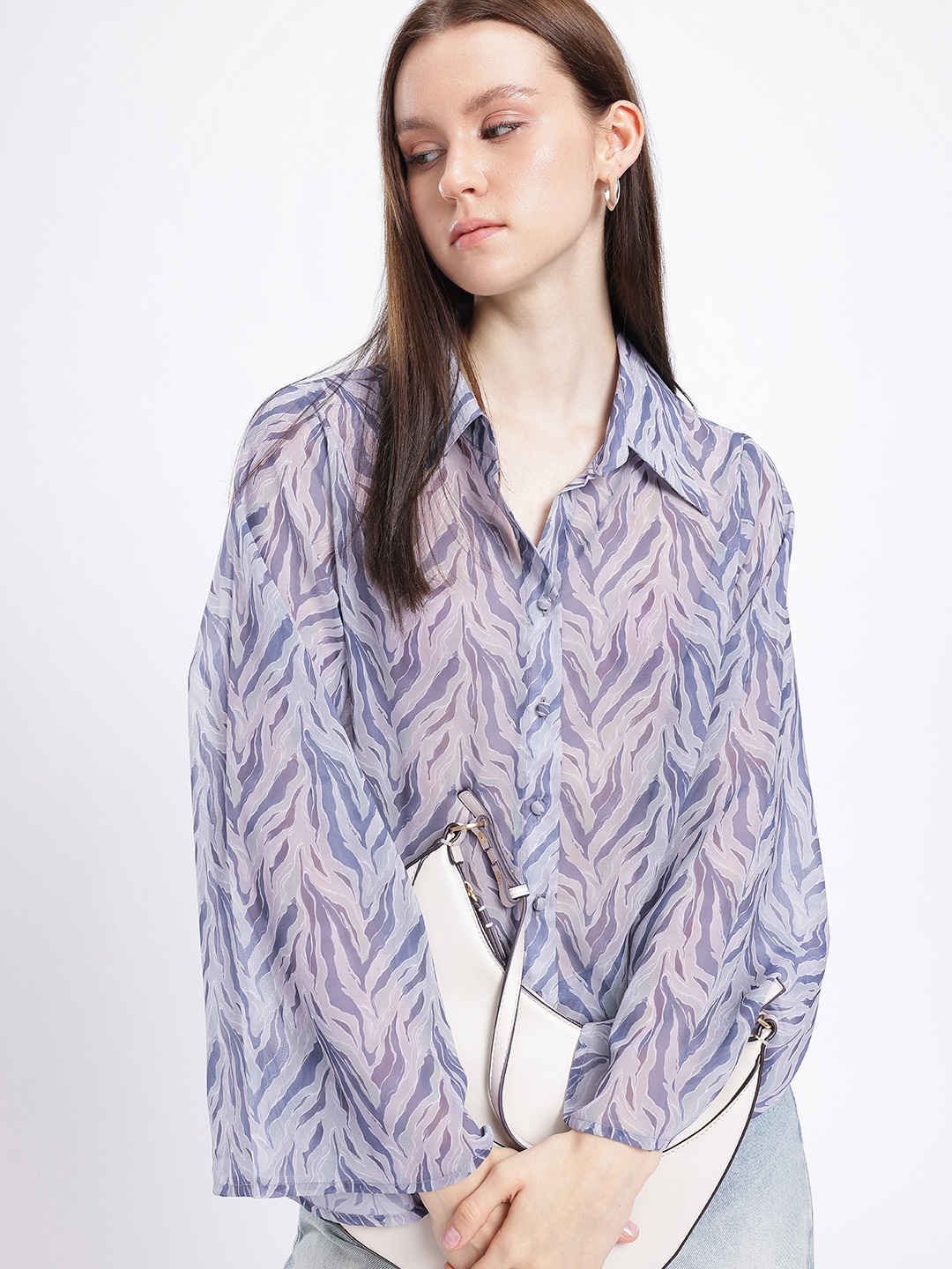 

glitchez Artistic Flair Semi Sheer Flared Sleeves Shirt, Grey