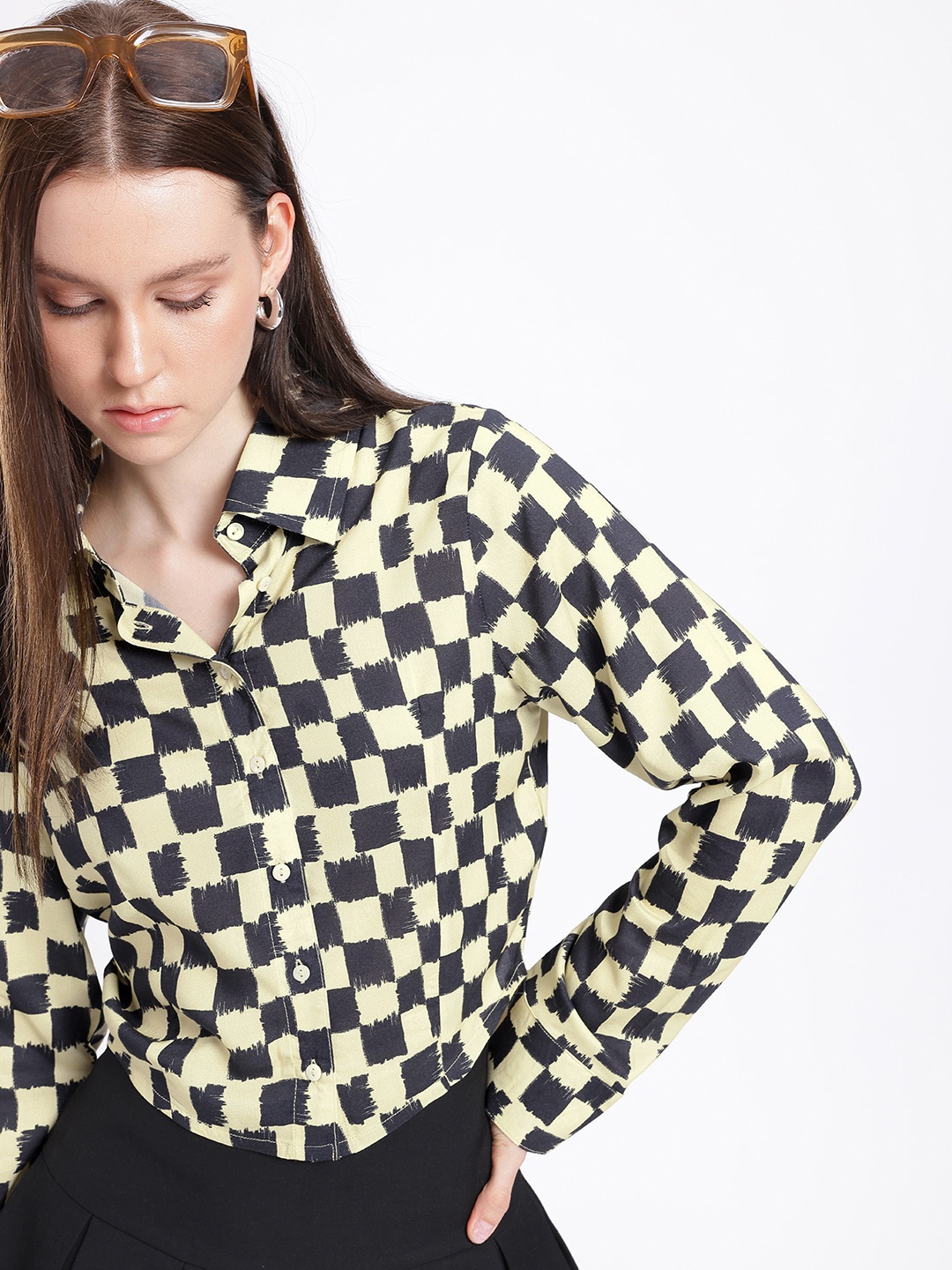

glitchez Classy Charm Checked Smocked Crop Shirt, Black