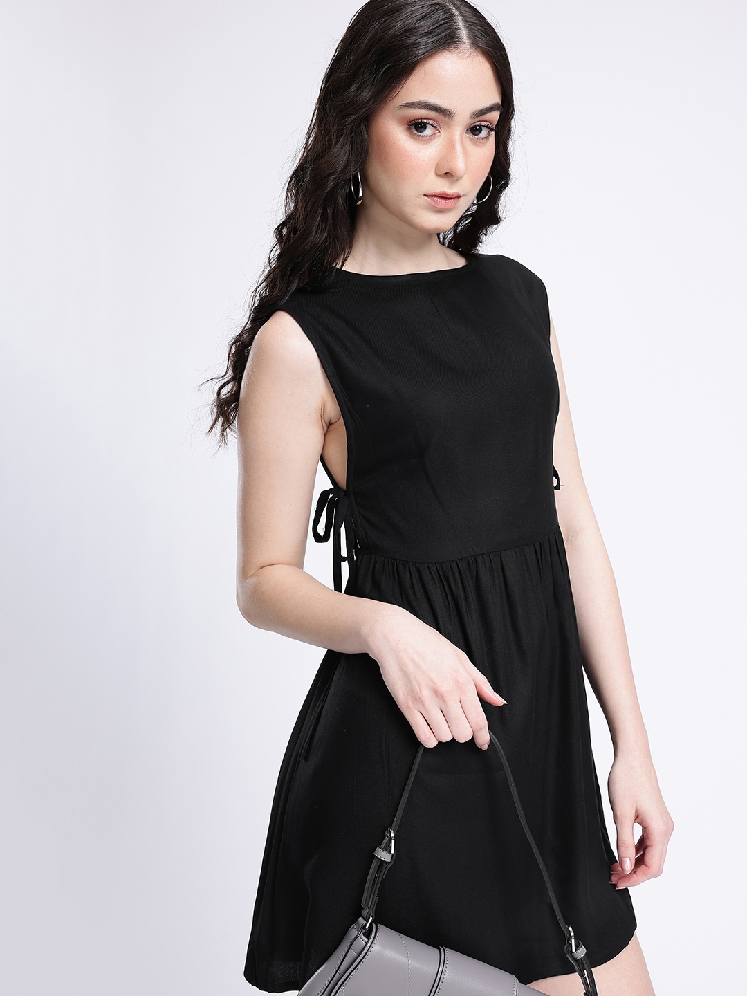 

glitchez Classic Chic Tie-Ups Gathers A-Line Mini Dress, Black