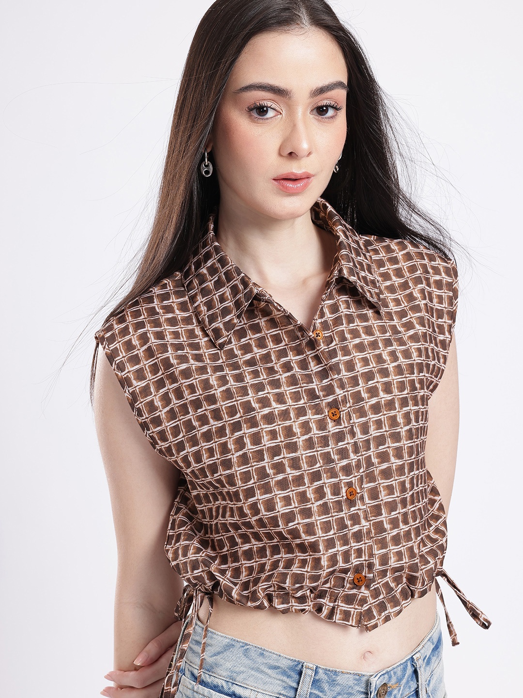 

glitchez Downtown Dope Checked Shirt Style Crop Top, Brown