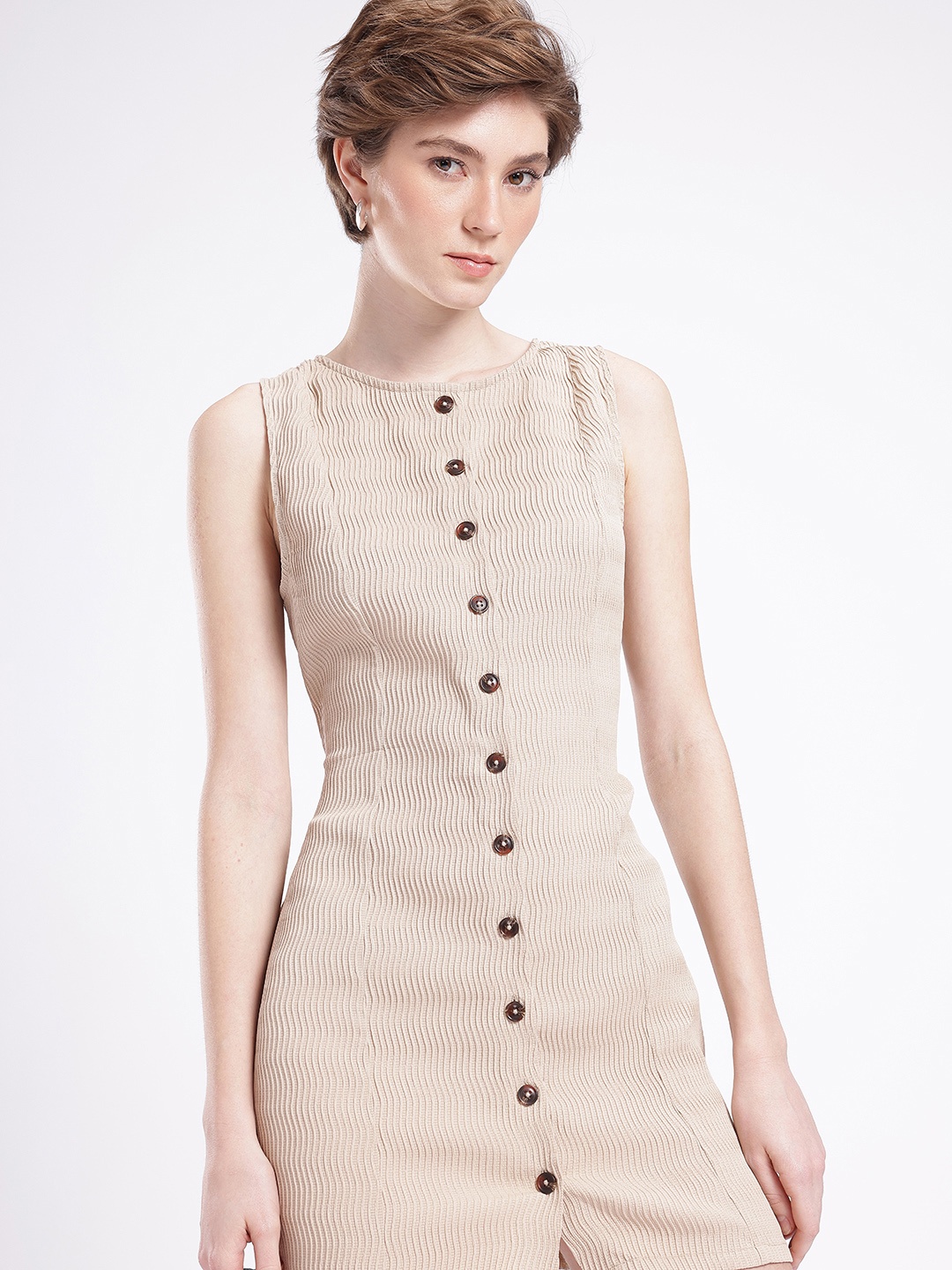 

glitchez Charming Chic Self Design Cut-Out Sheath Mini Dress, Beige