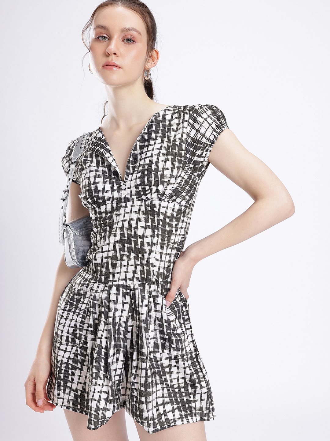 

glitchez Timeless Sleek Monochrome Checked Fit & Flare Mini Dress, Black
