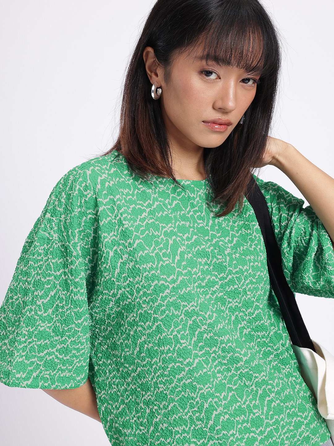 

glitchez Street Cool Printed Seersucker Boxy Top, Green