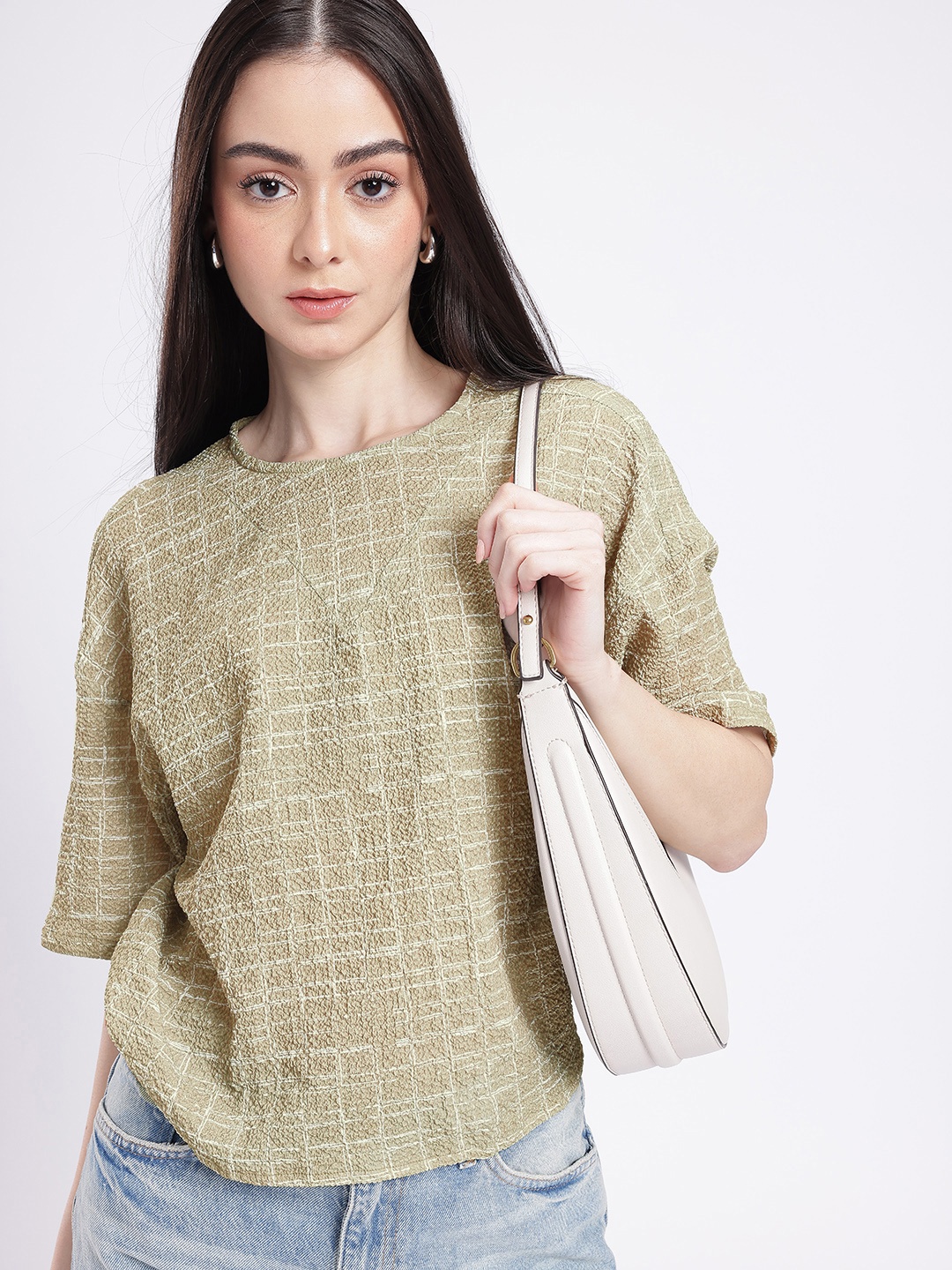 

glitchez Urban Classic Checkered Seersucker Boxy Top, Olive