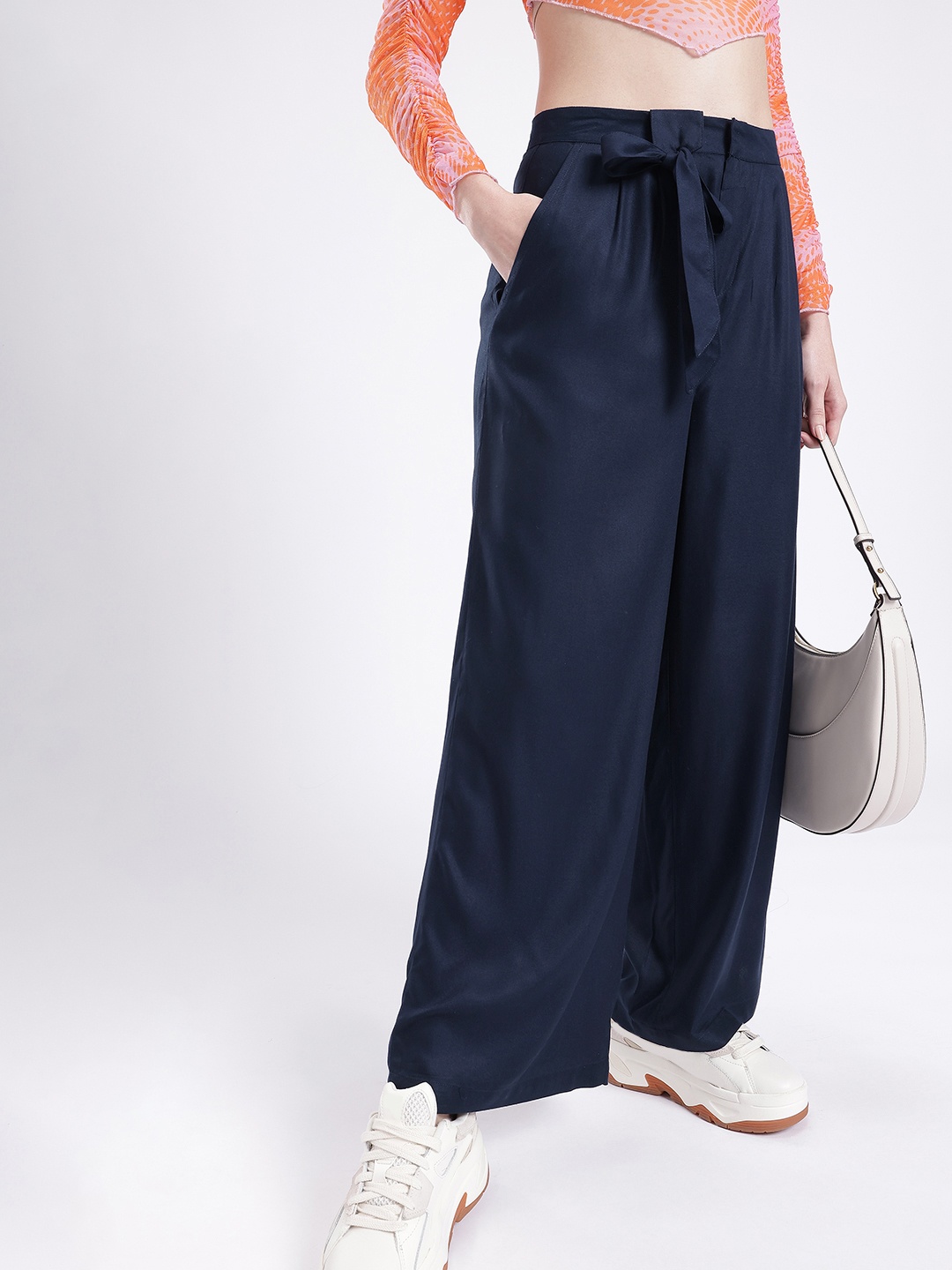 

glitchez Women Chill City Vibe Relaxed Straight Fit Pleated Parallel Trousers, Navy blue