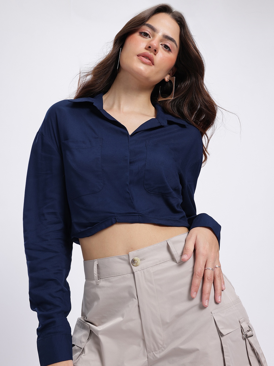 

glitchez Cropped Classics Shirt Style Crop Top, Navy blue