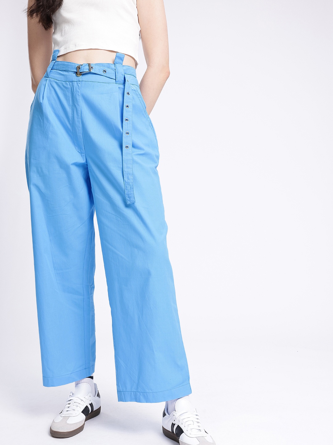 

glitchez Women Street Savvy Wide Leg Baggy Pleated Trousers, Blue
