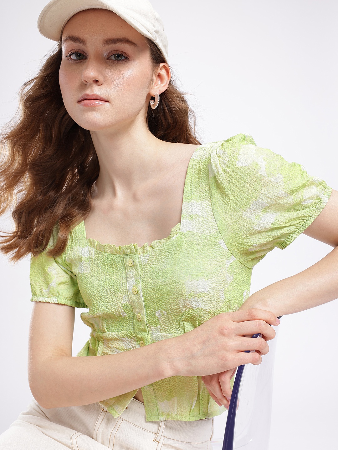 

glitchez Sassy Chic Printed Pleated Seersucker Puff Sleeve Crop Top, Green