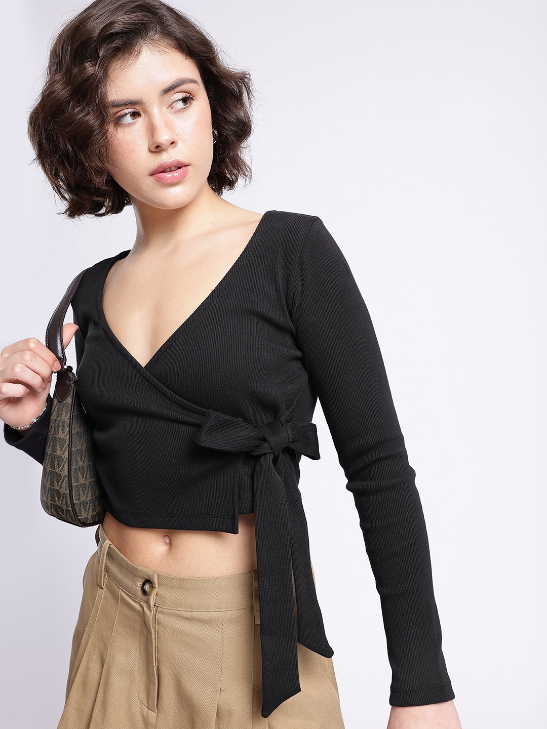 

glitchez Classic Vibe V-Neck Tie-Up Wrap Detail Ribbed Crop Top, Black