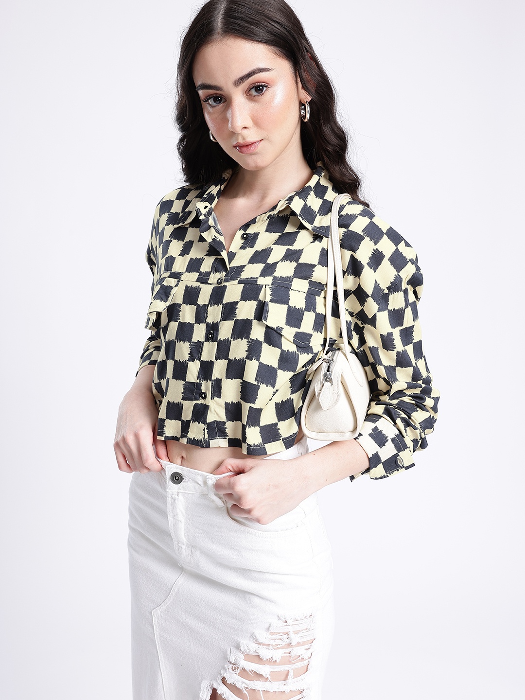 

glitchez Edgy Vibe Checked Boxy Fit Crop Shirt, Beige