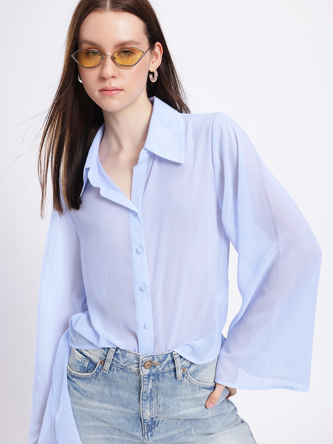 

glitchez Timeless Chic Semi Sheer Flared Sleeves Shirt, Blue