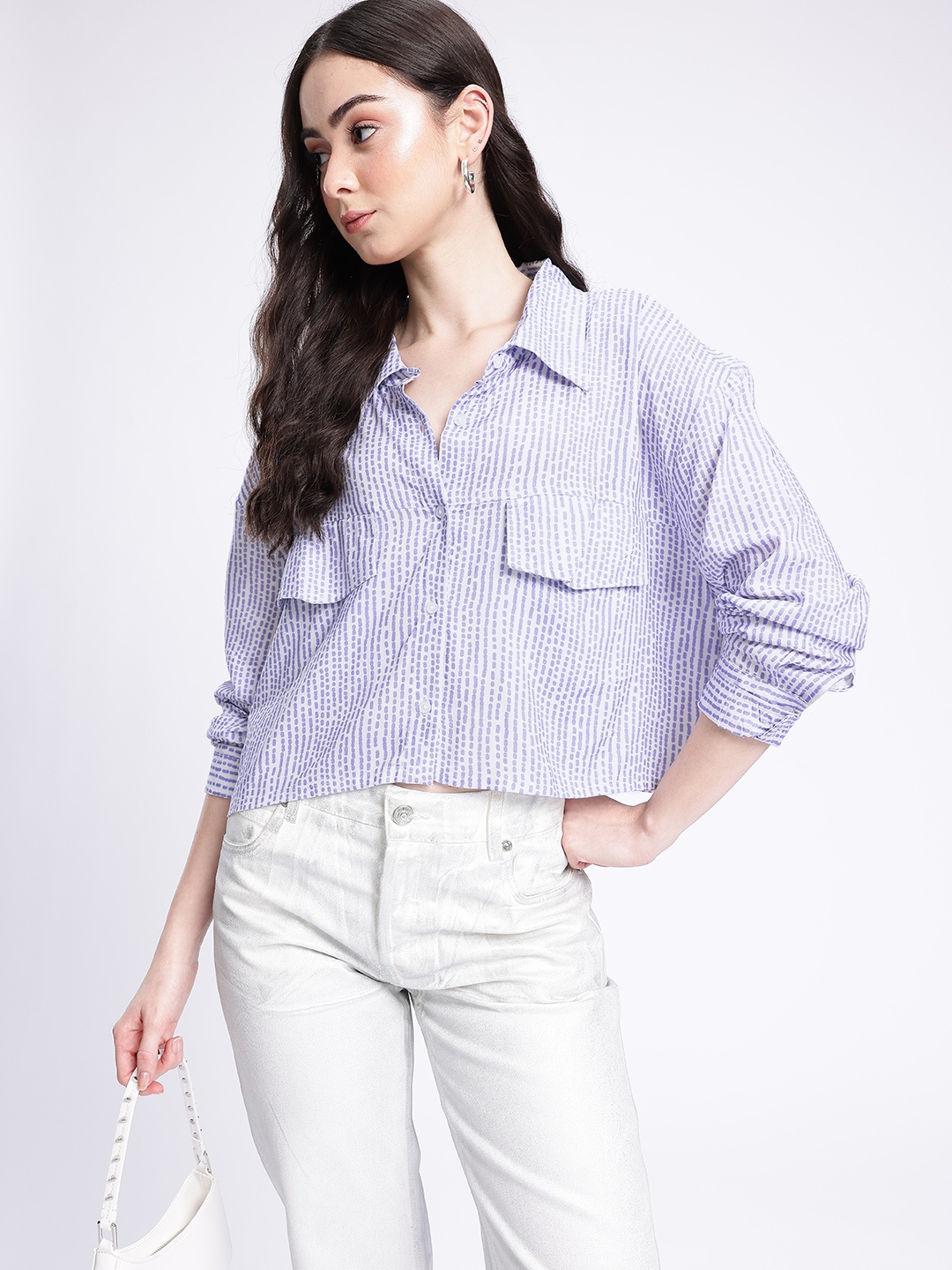 

glitchez Cool Vibe Striped Boxy Fit Crop Shirt, Blue