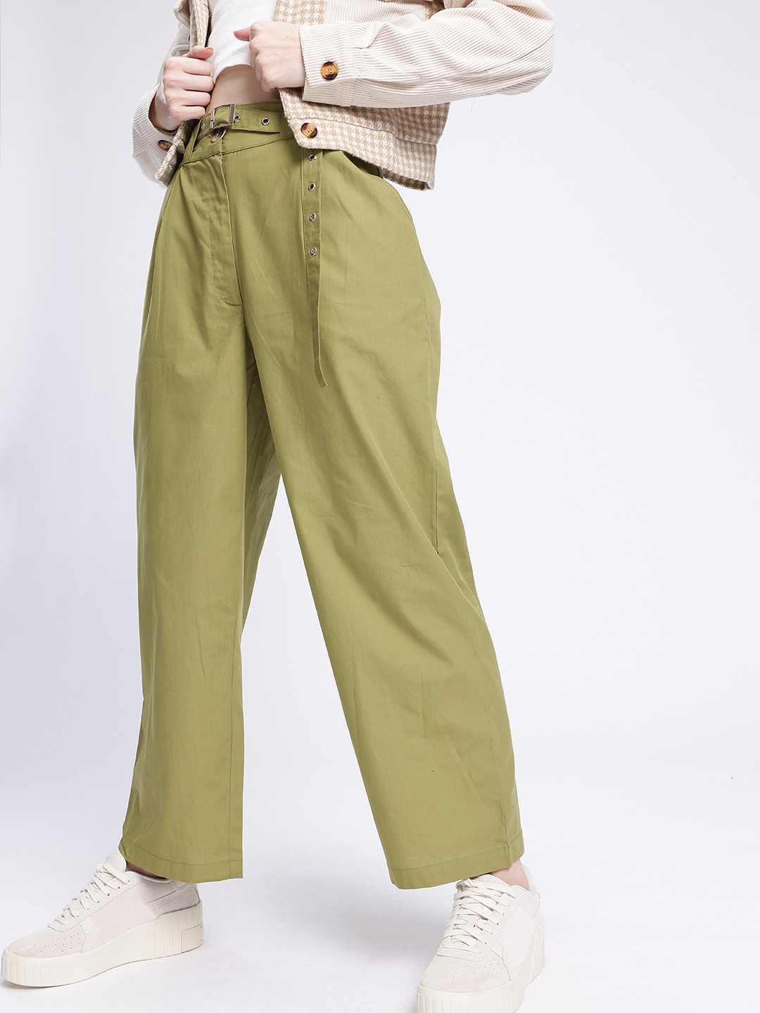 

glitchez Women Street Savvy Wide Leg Baggy Pleated Trousers, Olive