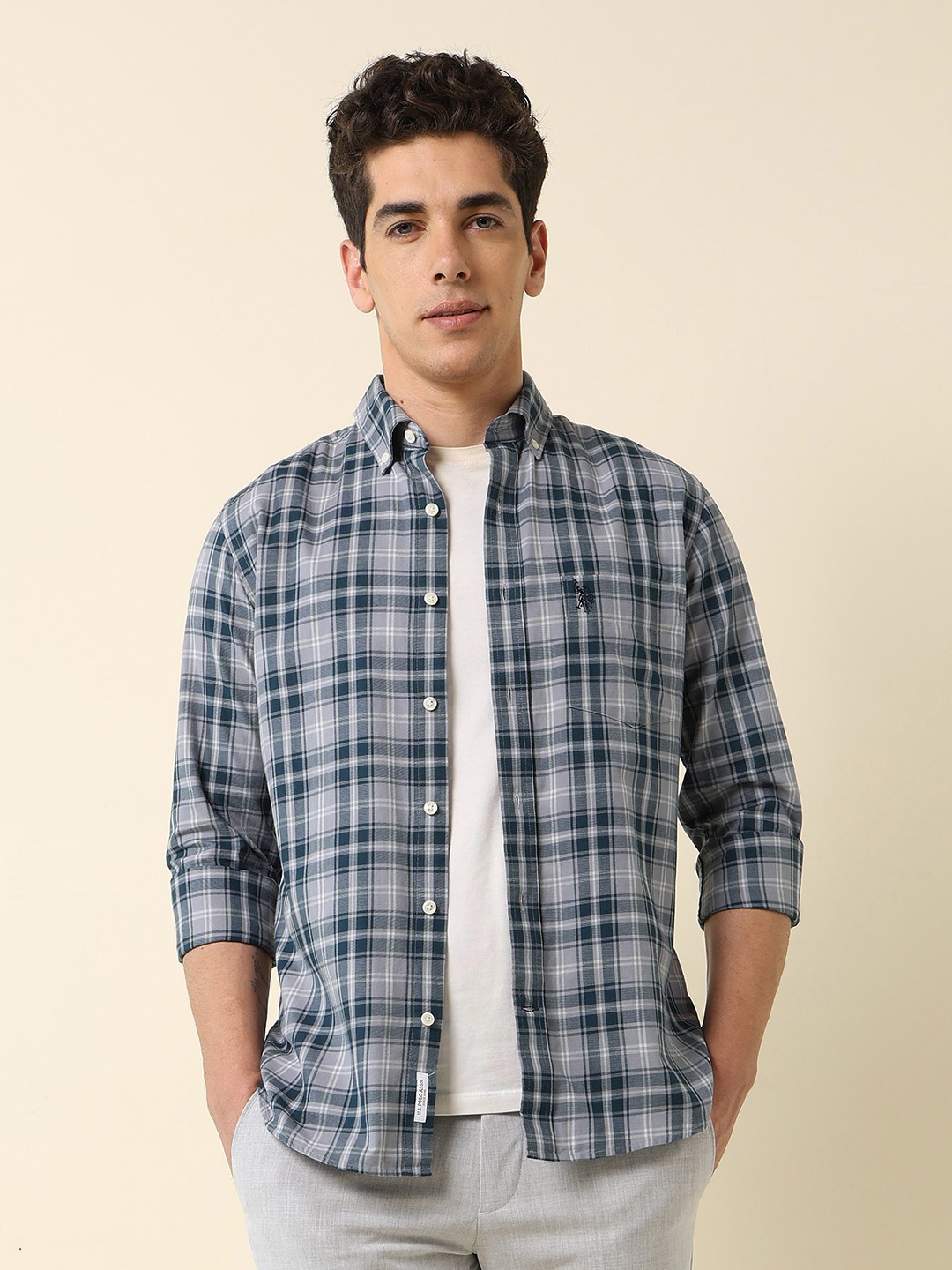 

U.S. Polo Assn. Men Button-Down Collar Tartan Checked Cotton Tailored Fit Casual Shirt, Purple