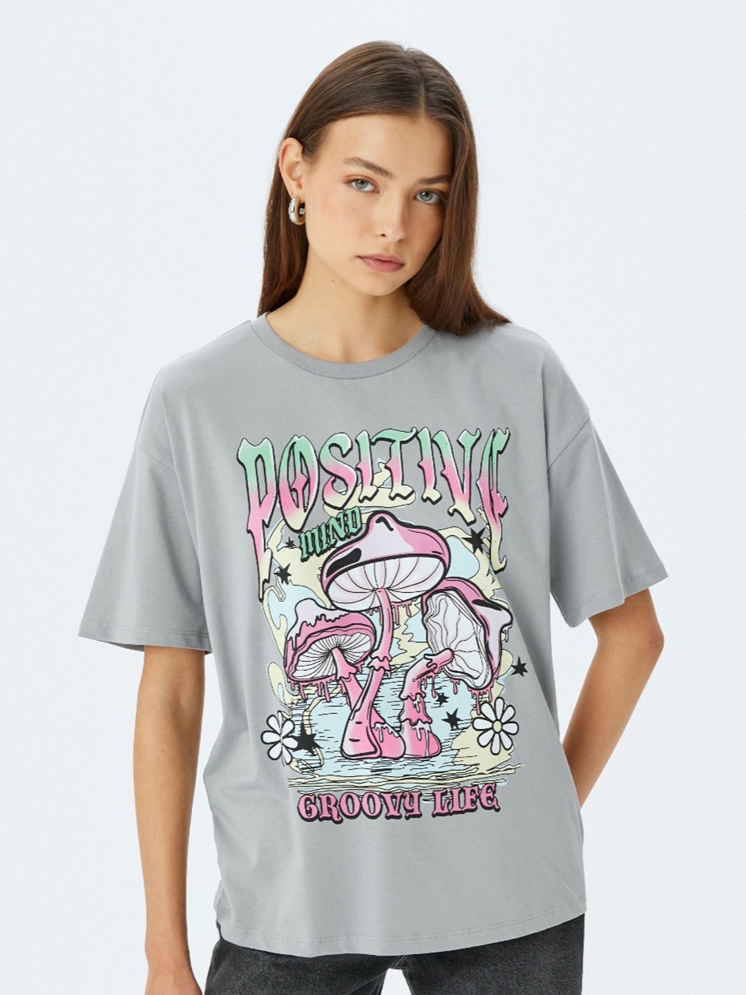 

Koton Women Graphic Printed Round Neck Cotton Oversized T-shirt, Grey
